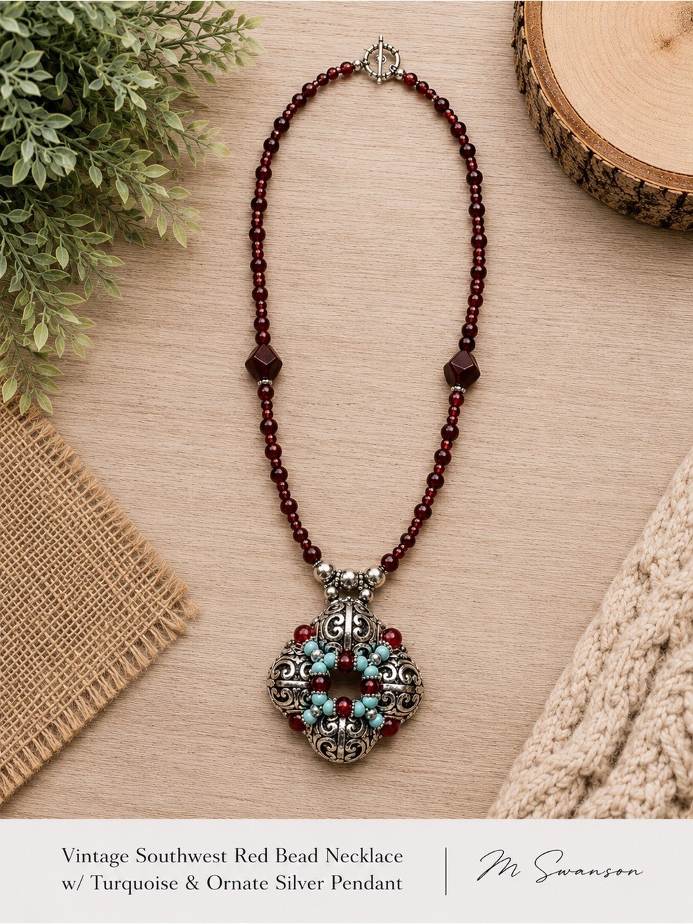 Vintage Southwest Red Bead Necklace with Turquoise & Ornate Silver Pendant